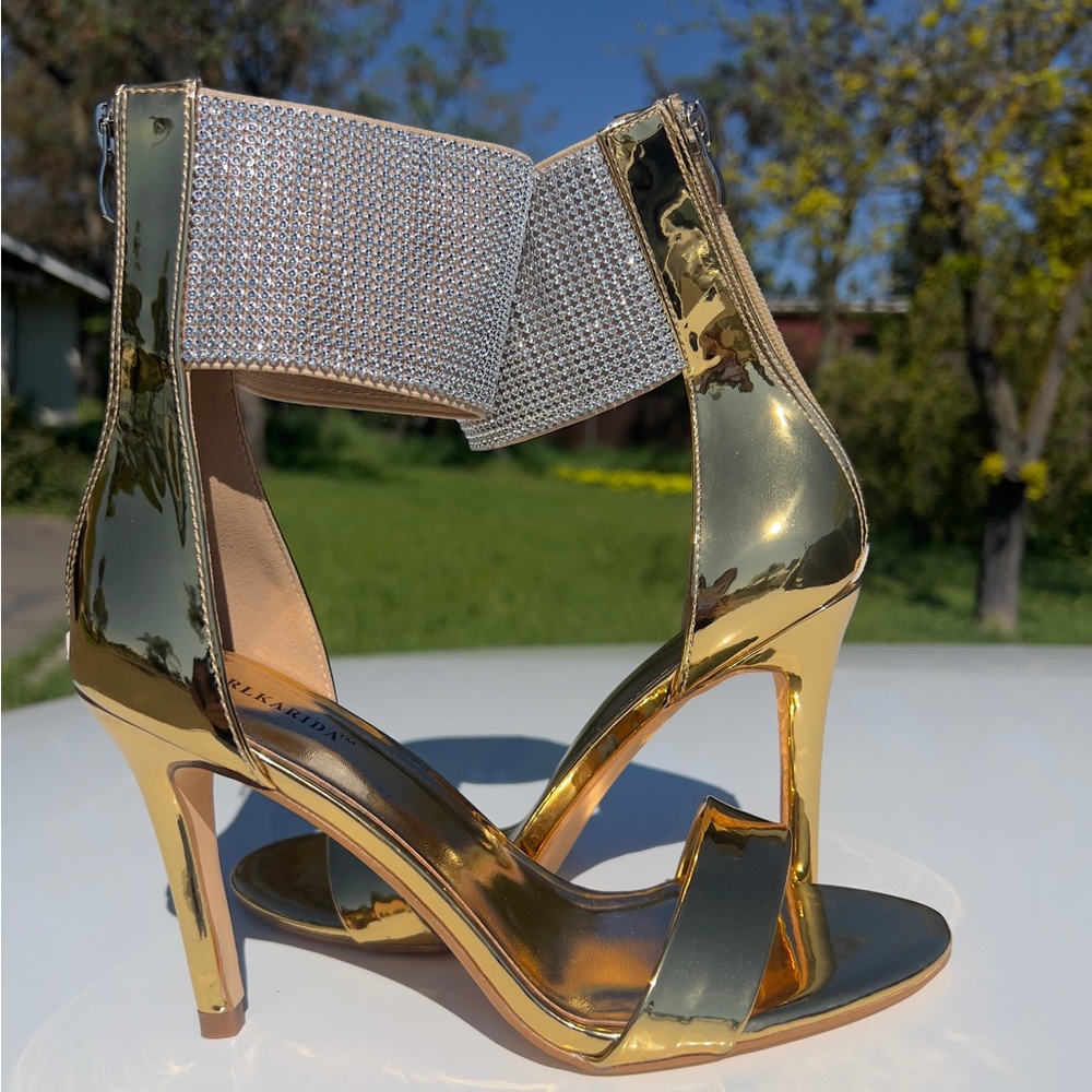 Gold Metallic Rhinestone Ankle-Strap High Heel Sandals - Women size 9